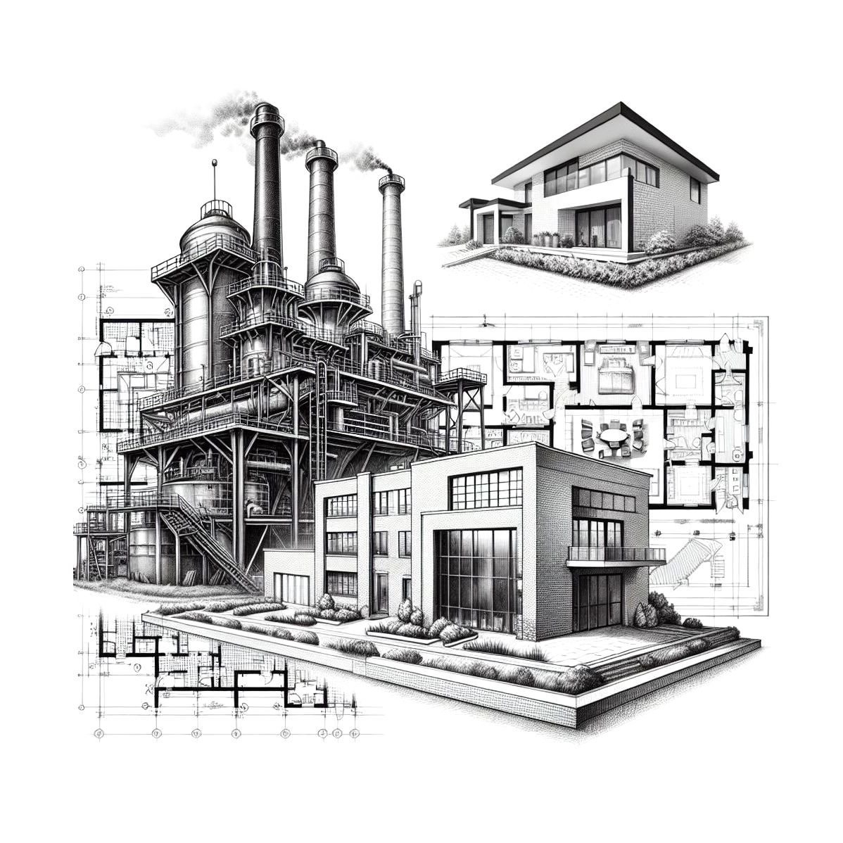 Dibujo técnico de una fábrica y de fondo los planos de una casa