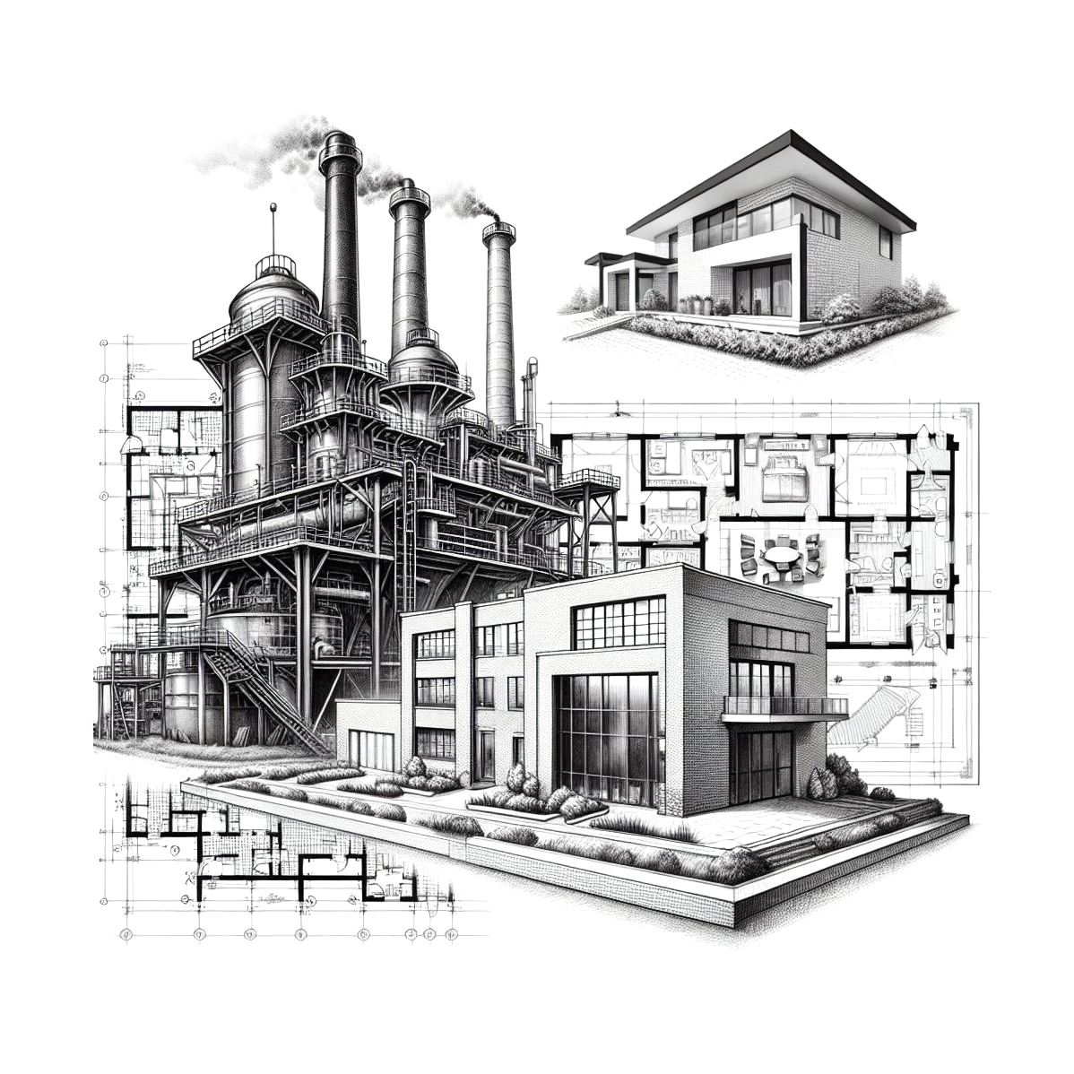 Dibujo técnico de una fábrica y de fondo los planos de una casa